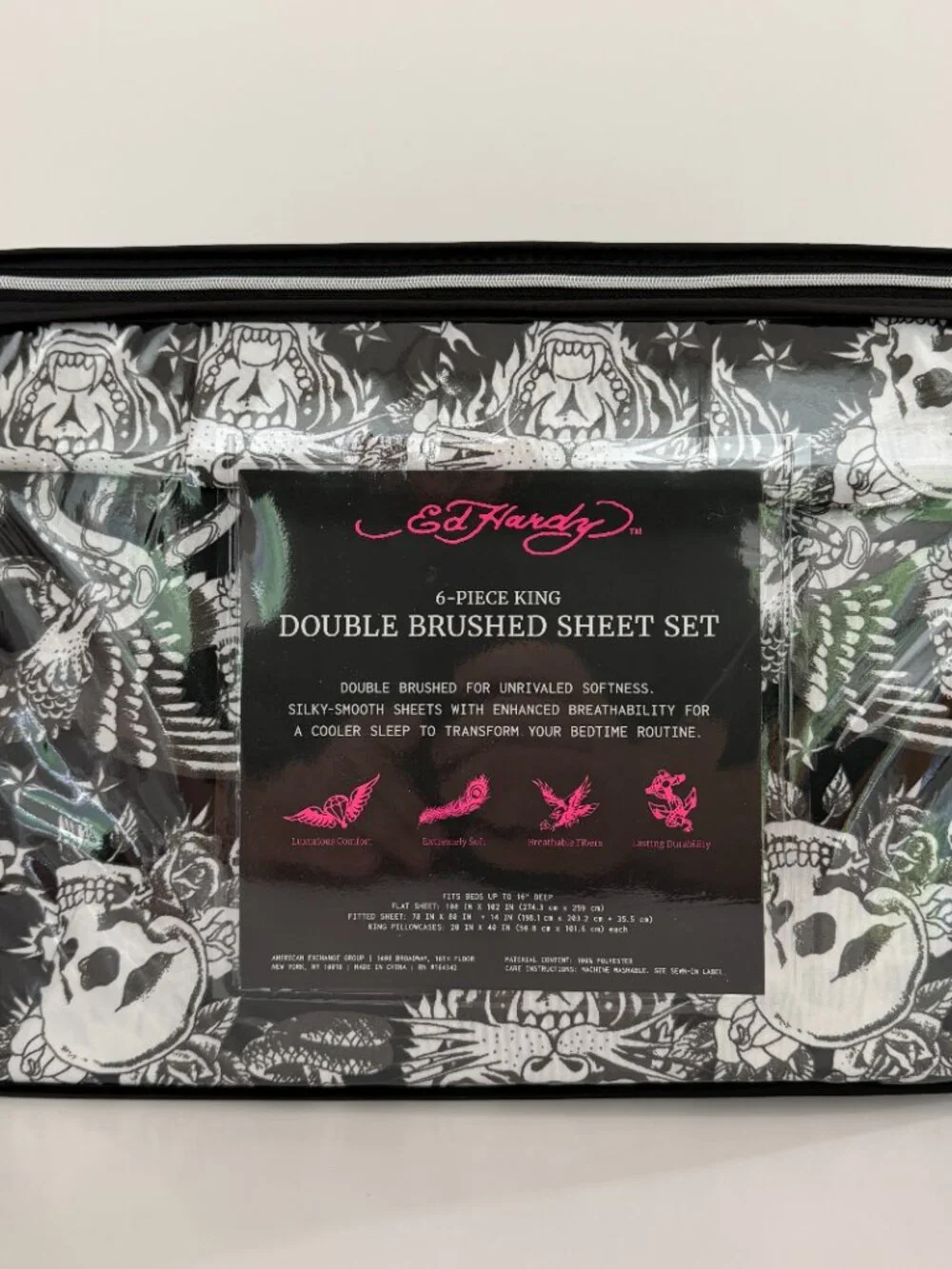 Ed Hardy King Sheet Set 6 Piece Double Brushed Black White Skull Tiger Tattoo
